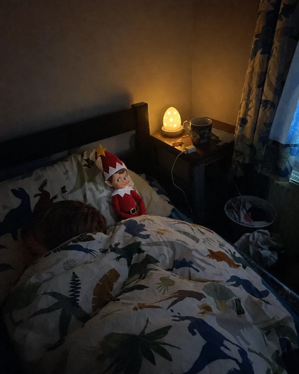 Pip tucked under the duvet beside a sleeping child, lit by a night light