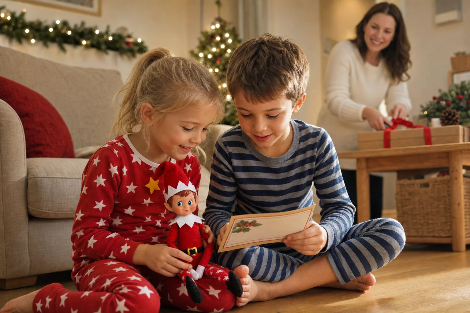 Two children playing with Pip while their parent wraps a present nearby, looking up and smiling