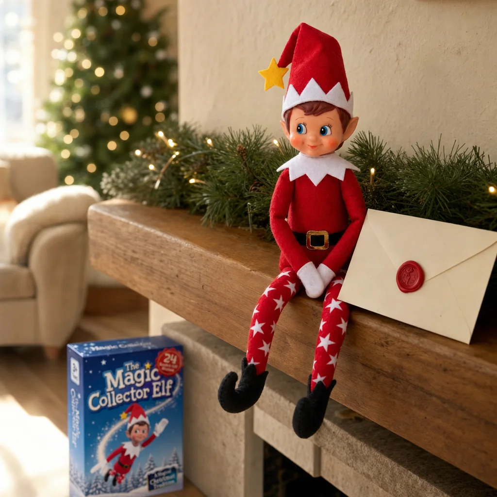 Pip sitting on the mantel at dawn with a letter from Santa