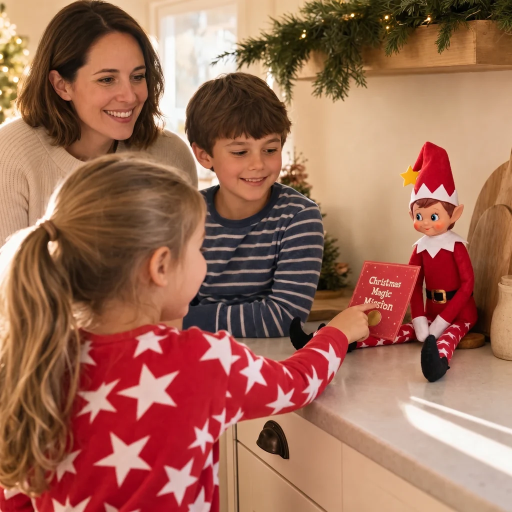 A child finding a new mission card leaning against Pip on the kitchen counter