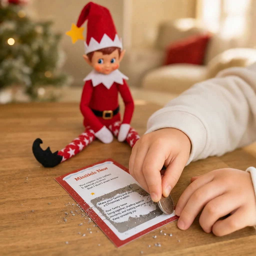 A child scratching the silver panel of a mission card beside Pip