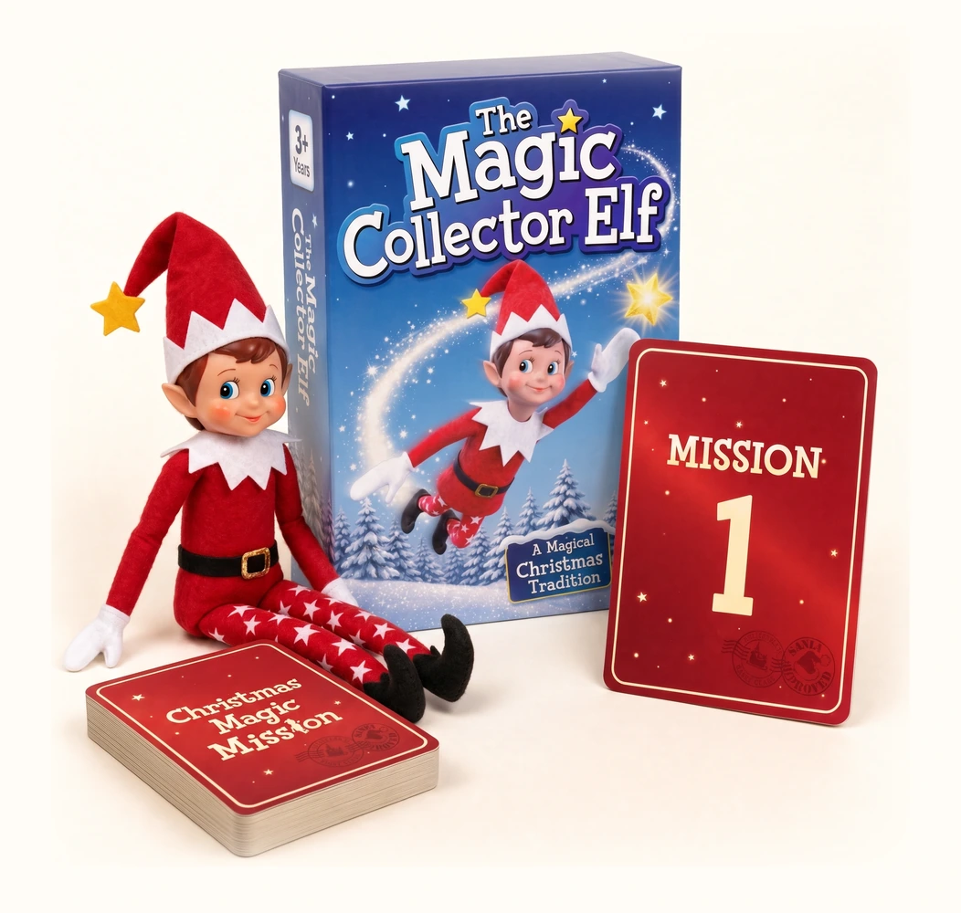 Pip the plush elf sitting beside the box, with the Mission 1 card and the deck of mission cards