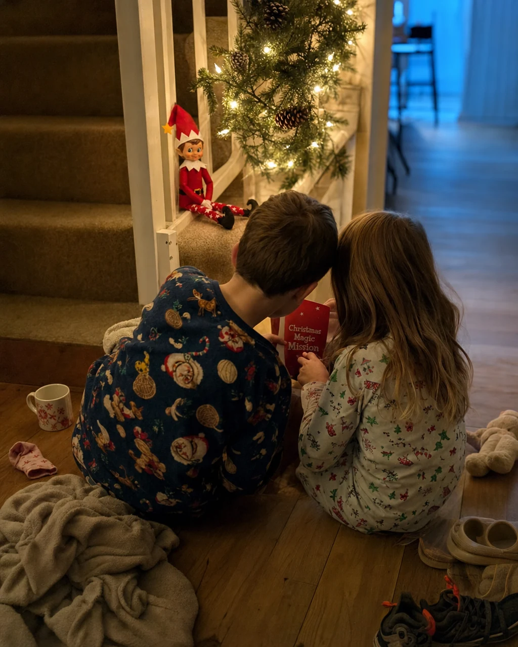 Two children reading a mission card together at the bottom of the stairs