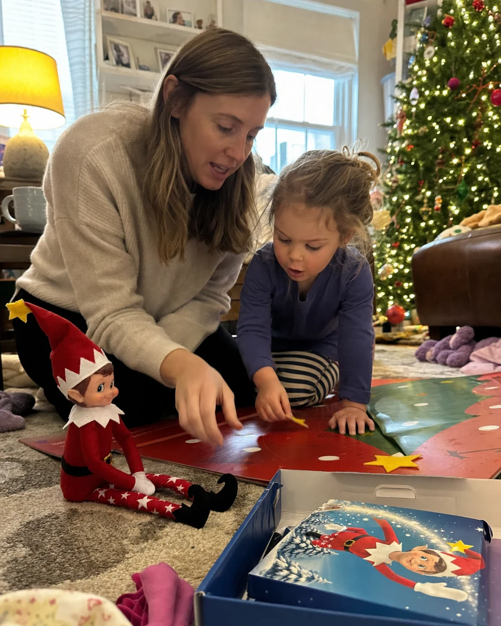 A mother and daughter pressing a foam star onto a chart on the rug