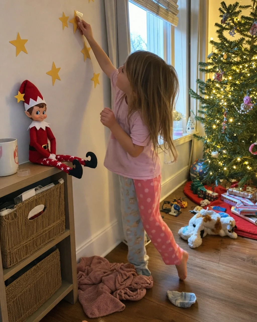 A girl taping a paper star to the wall while Pip watches from a shelf