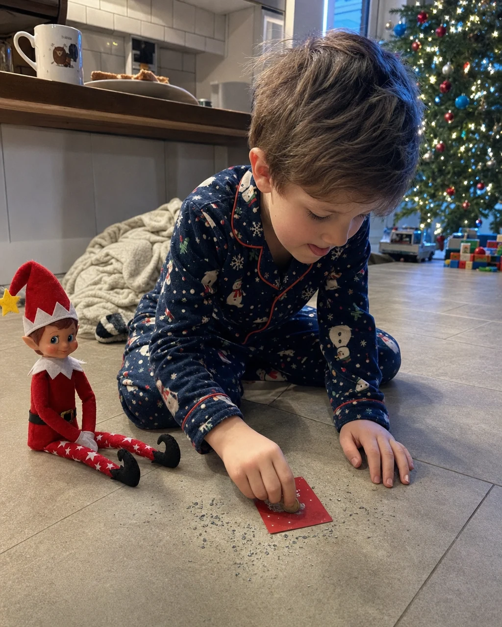 A boy scratching a mission card on the kitchen floor beside Pip