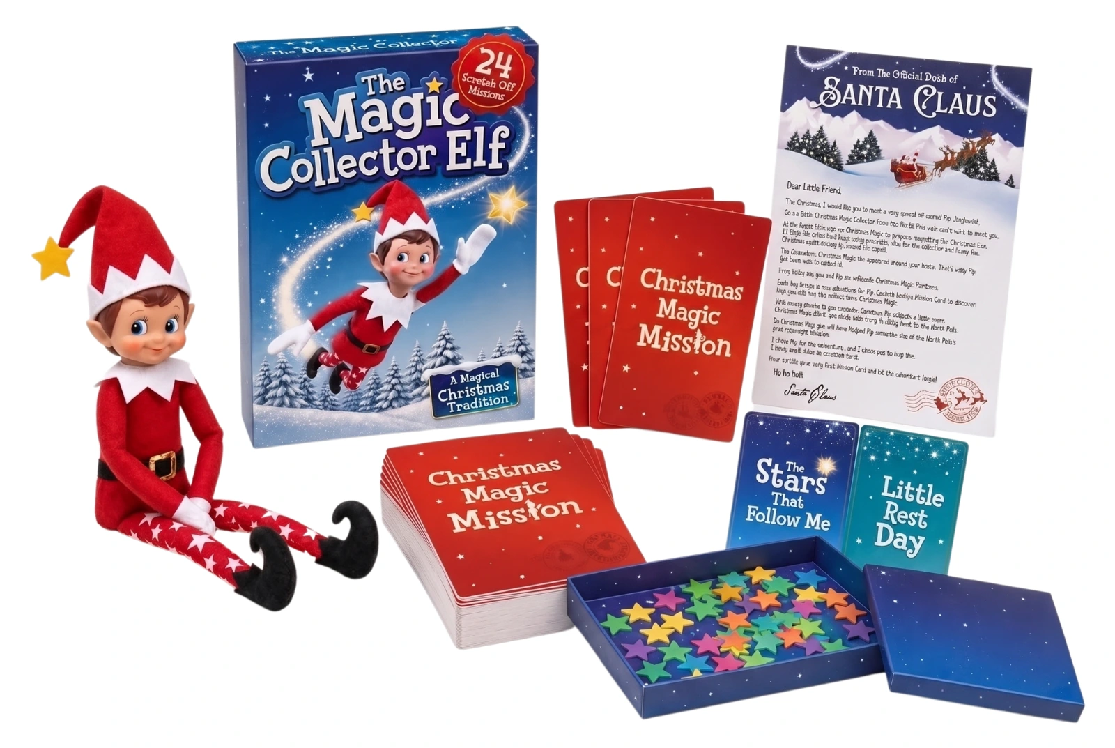 The complete kit: Pip the plush elf, the box, the deck of scratch-off mission cards, Santa's letter and the tray of North Pole stars