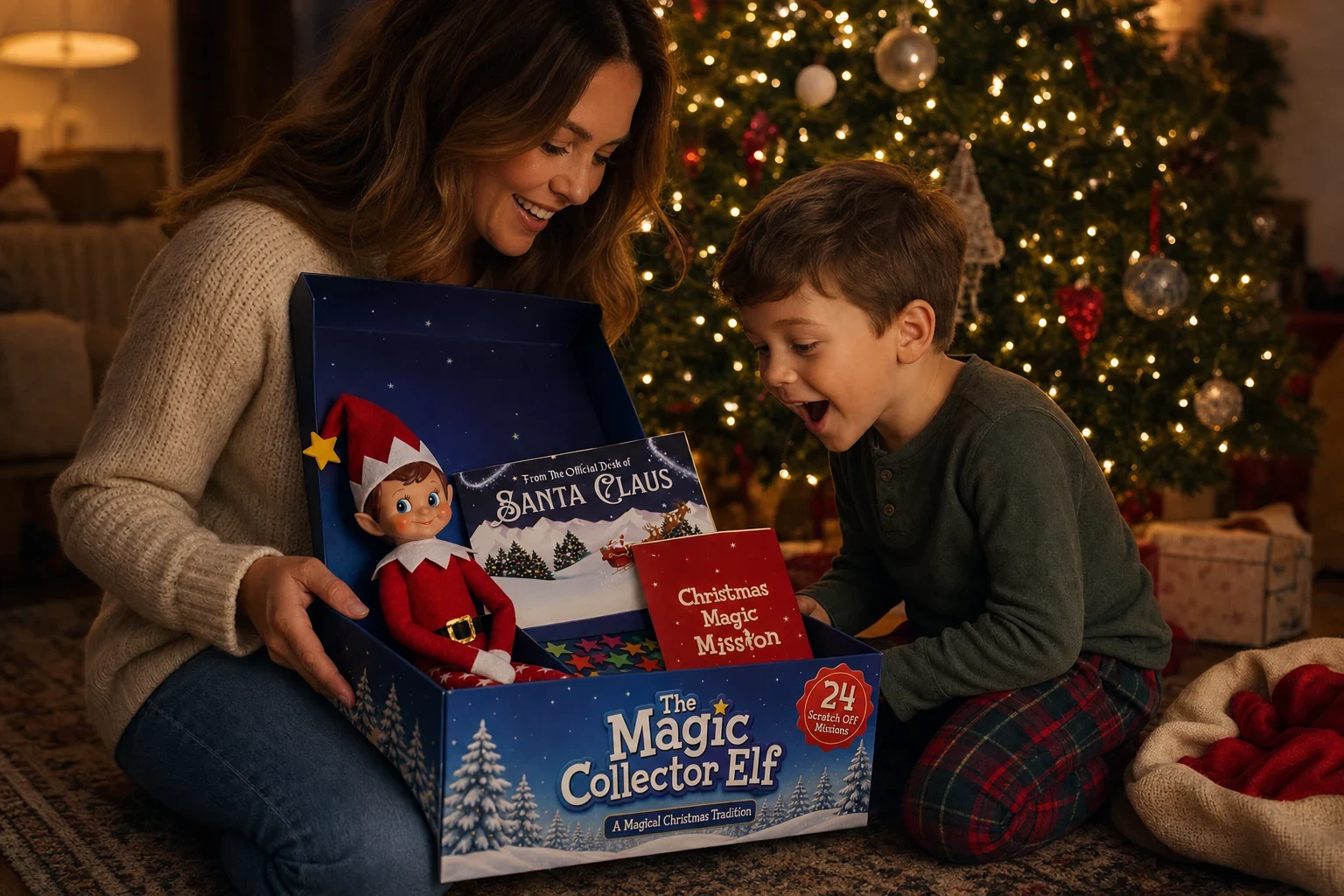 A mother and her son opening the box together by the Christmas tree, finding Pip inside