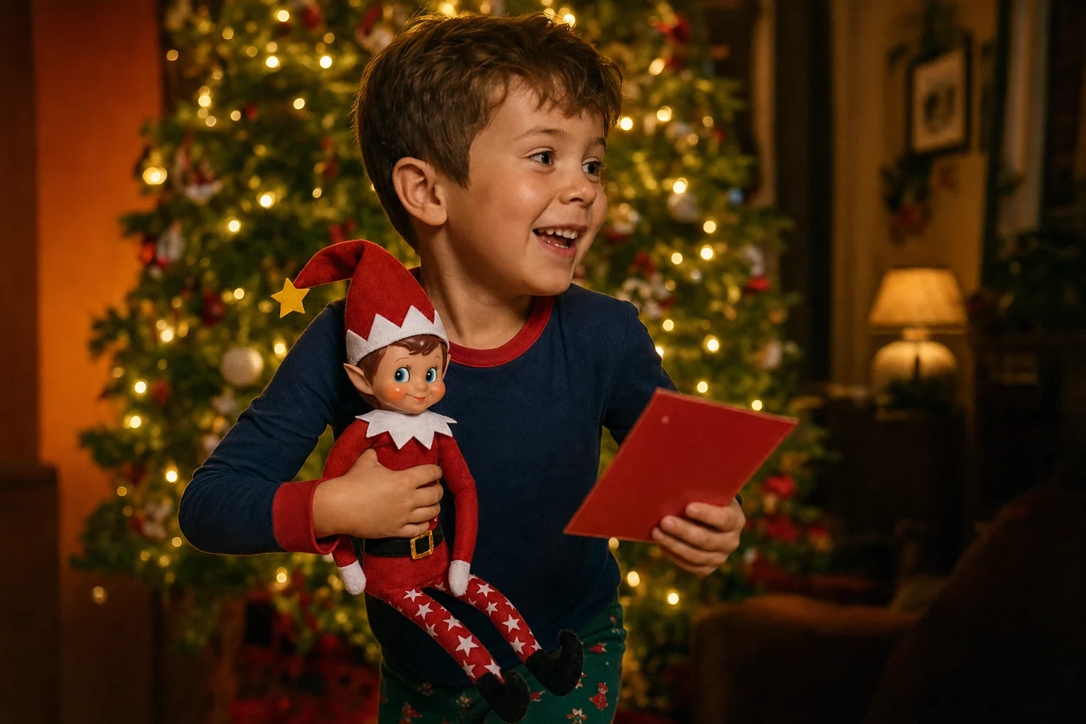 A boy holding Pip and his first scratched mission card, laughing as he runs off to play