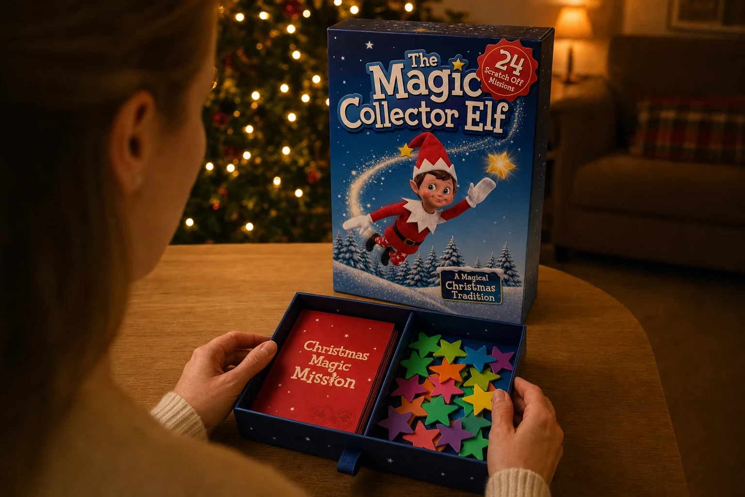 A parent sliding open the hidden tray in the base of the box, showing the deck of mission cards and the stars