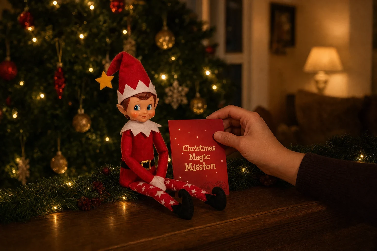 A hand propping tomorrow's mission card against Pip on the mantelpiece late in the evening